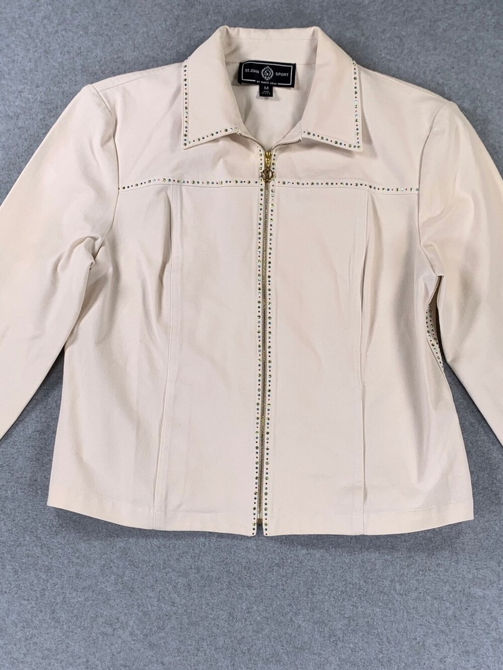 St. John Sport Zip Front Jacket Cream Rhinestone Women's Size Medium